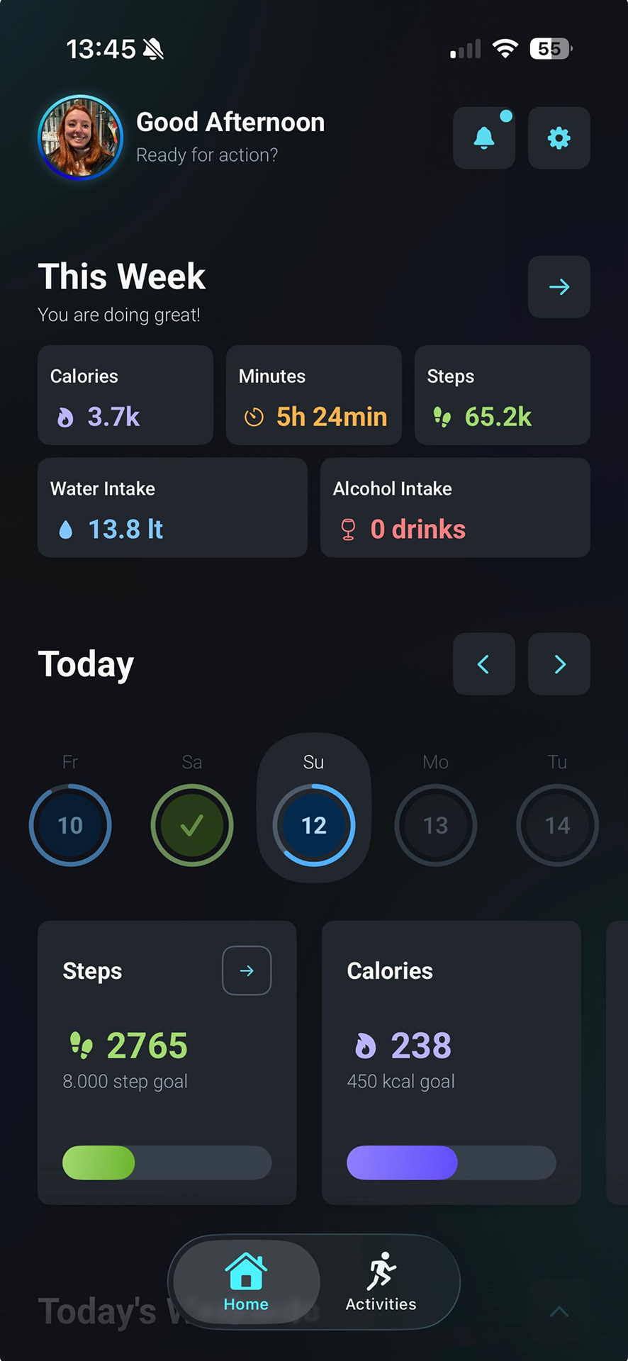 Velora app showing weekly progress overview